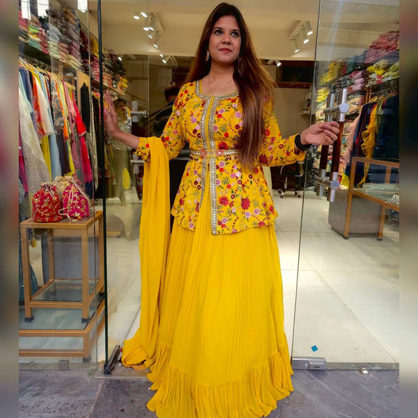 Yellow Colour Embroidered Attractive Party Wear Georgette Top Plazzo has a Regular-fit and is Made From High-Grade Fabrics And Yarn.