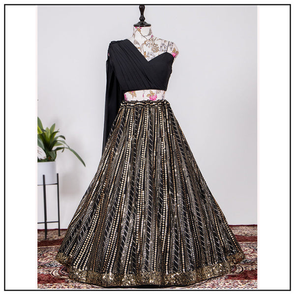 Black Color Sequins And Thread Embroidery Work Georgette Lehenga Choli