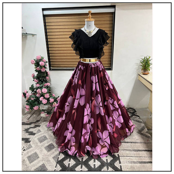 Beautiful Faux Georgette Wine Color Digital Printed Lehenga Choli